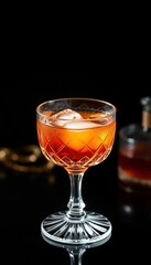 Elegant Glass of Cocktail with Ice Cubes on Black Background