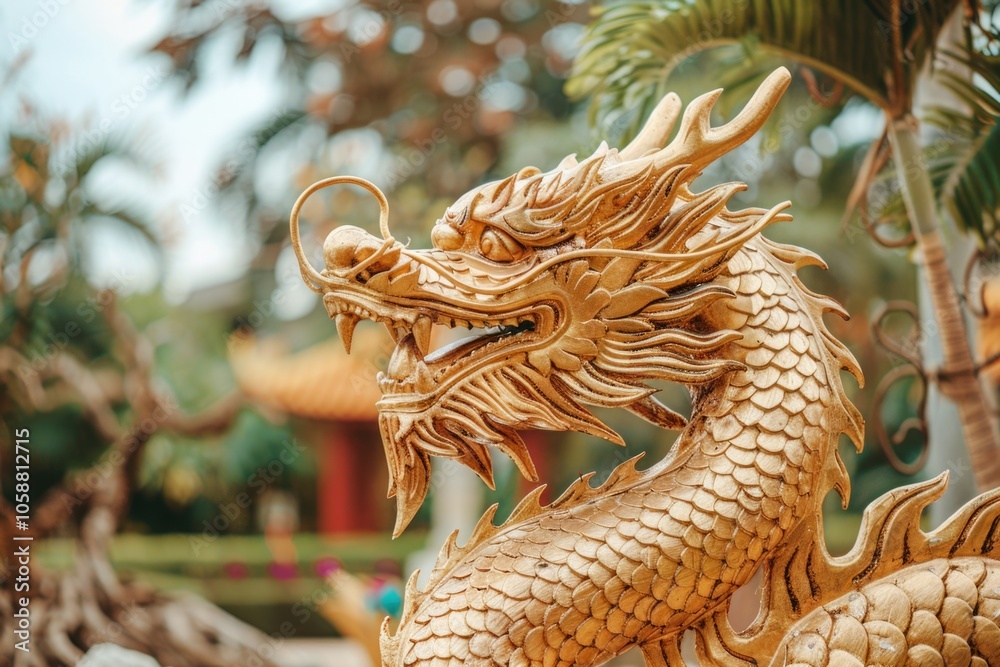 Poster a decorative golden dragon statue in front of a palm tree, suitable for use as a symbol of good luck