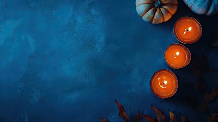 Pumpkin decor adorned with candles placed against a blue framed background, providing ample copy space for additional text or graphics related to pumpkin decor.