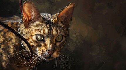 A Bengal cat on leash with vivid green eyes and an intense gaze, highlighting its distinctive spotted fur and sleek body against a dark background.