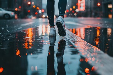 Fototapeta premium A person walking on a wet sidewalk during rainy weather