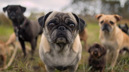 Obraz premium A group of lively pugs curiously exploring their surroundings in a lush grassy field, portraying a whimsical and playful scene full of energy and camaraderie.