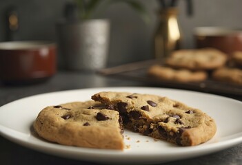 A close-up of a freshly baked chocolate chip cookie on a white surface, with a blurred background