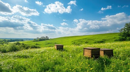 Bee hives positioned on a lush green hill under a bright blue sky create a serene scene. The bee hives, surrounded by nature, offer an inviting layout with ample copy space.