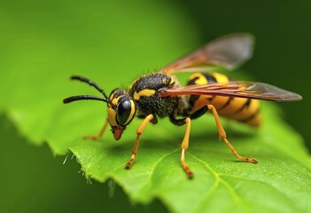 A close-up of a wasp on a green leaf, with its wings and body visible