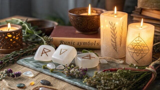 Collection of engraved runic stones with candles and herbs in cozy, aromatic setting
