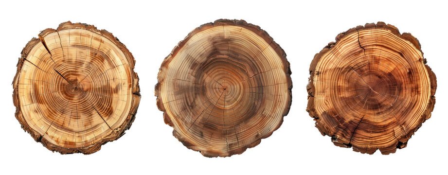 set of tree cut tree stumps top view isolated transparent cut out background wood brown