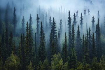 Misty morning in a tranquil evergreen forest landscape