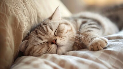 A peacefully sleeping striped cat resting on a soft pillow, portraying tranquility and comfort with its eyes closed, in an inviting and warm environment.