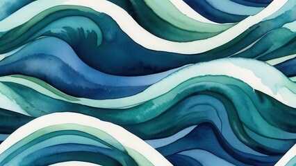 Vibrant watercolor waves in shades of blue and green create a dynamic ocean-inspired pattern, perfect for backgrounds, textiles, or coastal-themed designs