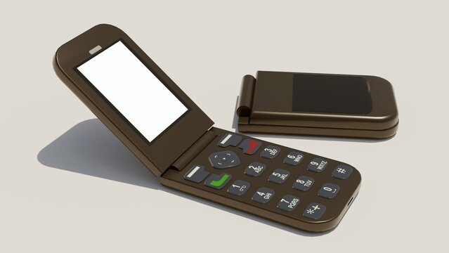 3D rendering of a classic flip phone, the iconic design of a bygone era showcasing the satisfying flip-open mechanism.