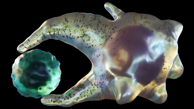 Phagocytosis is a cellular process where specialized cells called phagocytes engulf and digest foreign particles, such as bacteria, viruses, and cellular debris; 3D rendering.
