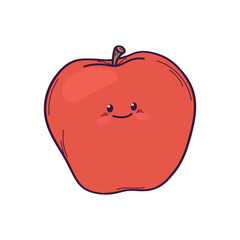 Vector hand drawn cute smiling red apple on white background