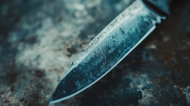 A close-up shot of the utility knife's blade, capturing the details and sharpness, with the handle softly blurred behind it.