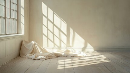 Bright sunlight fills the deserted room, illuminating the floor and casting delicate shadows from a cloth, creating a minimalistic atmosphere in this serene space.