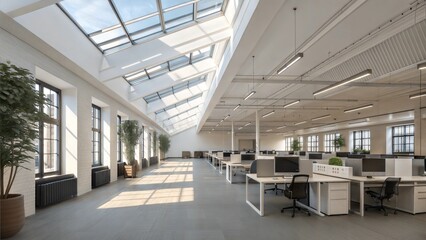 Modern office interior with bright atmosphere and open space under skylights