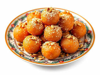 Laddu Sweet Dish,Traditional Indian sweets called laddoo on a golden plate,Indian sweets in a plate includes Gulab Jamun