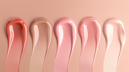 Close-up of glossy lip gloss swatches in shades of pink and beige with a smooth texture on a neutral background