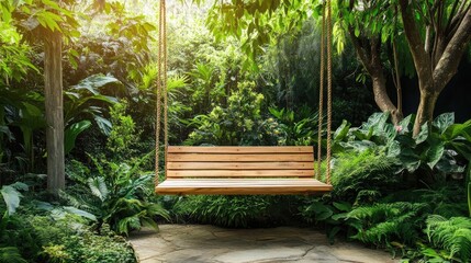 Sustainable outdoor wooden swing nestled in lush greenery, offering a serene escape. The wooden swing enhances the peaceful atmosphere, ideal for relaxation with ample copy space.