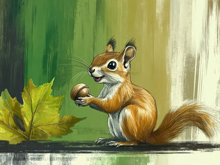  Cute happy squirrel holds an acorn in its paws in the autumn forest. Cartoon style illustration