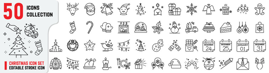 Christmas editable stroke icons set: Featuring  Santa, Elves, jungle bell, nativity, Christmas eve, tree, and gifts. Set of 50 Christmas thin line icons set. Vector illustrations.