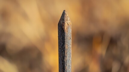 Fototapeta premium A macro photograph of the tent stake tip, focusing on the design and any wear, with the surrounding area softly blurred.