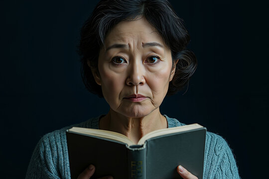 A woman with gray hair and a blue sweater is reading a book