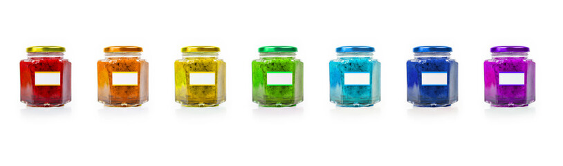A colorful banner featuring seven glass jars each with metallic lid and blank label, perfect for branding and packaging designs. Isolated on white background.  
