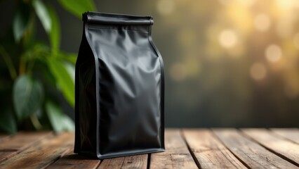 Elegant coffee bag mockup with a textured finish, standing on a wooden surface. The background is softly blurred, creating a warm and inviting atmosphere with gentle, natural lighting.