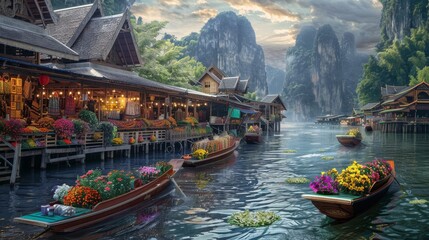 Obraz premium A picturesque floating market set against a mountainous backdrop, featuring boats filled with colorful flowers and vendors, creates a lively and scenic view.