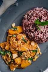 High angle view of thai food in plate on table