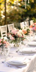 Fototapeta premium Outdoor Wedding Venue. Beautiful Garden Wedding Reception Table Set Up