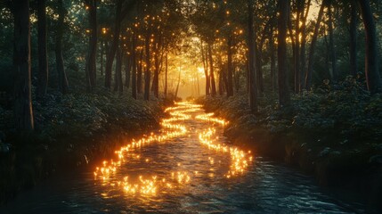 Fototapeta premium a serene river flows through a lush forest, with glowing arrows of light tracing its path, symbolizing the flow of trends. Tall trees and a glowing sunset a magical atmosphere.