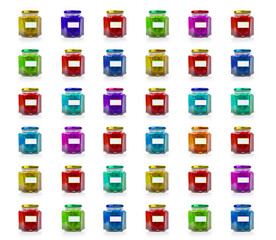 Grid of 35 colorful glass jars with blank labels, perfect for showcasing product variety and creative branding. Organized display of thirty five colorful jars. Isolated on white background