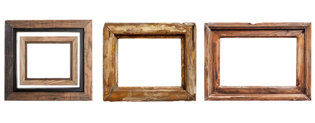 set of three wood photo frames isolated on transparent background