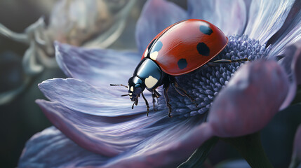 Ladybug on a purple flower in the sun