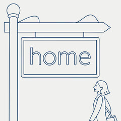 A simple line drawing of a woman walking towards a sign that reads 
