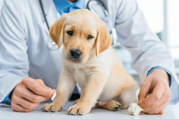 a vet demonstrating proper nail inspection technique on small dog, clinical setting