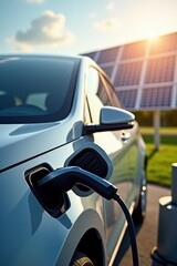 Electric car charging at a solar-powered charging station, sunny day with solar panels in the background.