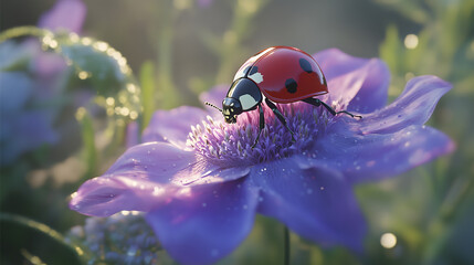 Ladybug on a purple flower in the sun