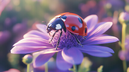 Ladybug on a purple flower in the sun