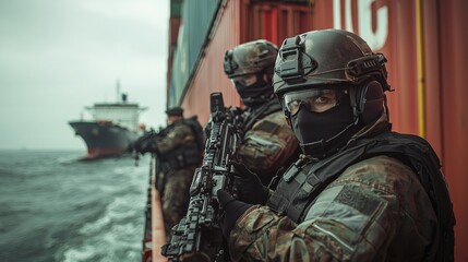 Fototapeta premium A maritime security team aboard a cargo ship, prepared to defend against potential pirate attacks