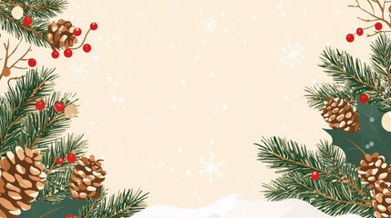 Christmas greeting card featuring a festive border with ample space for text Seasonal background with fir branches snow and pine cones in a minimalist flat layout