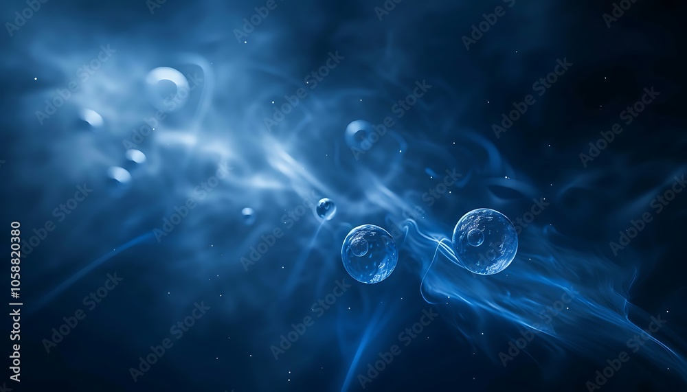 Poster a blue, ethereal background with swirling clouds and luminous spheres, creating a cosmic and dreamy 