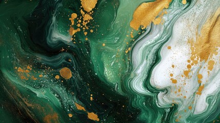 Fototapeta premium Abstract fluid art texture featuring a mix of paints with a flowing and splashing effect Ideal for interior posters design cards and banners in green gold and white hues