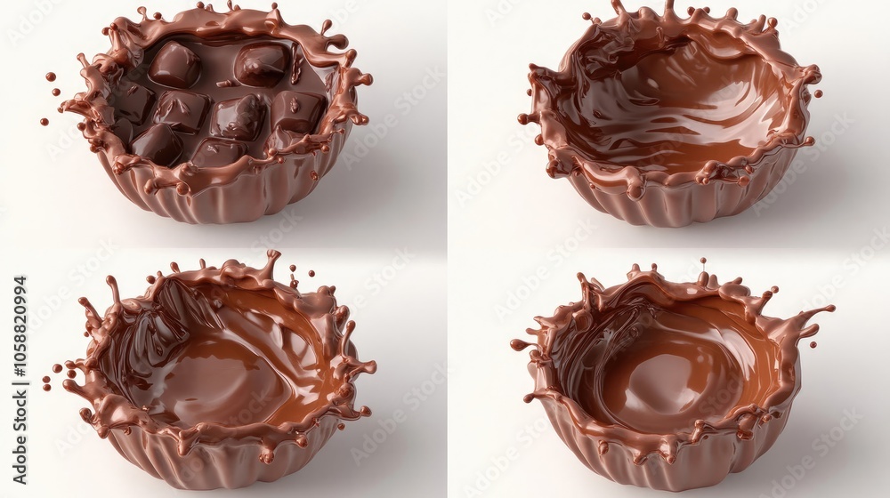 Poster dynamic renderings of chocolate splashes in various bowl shapes generative ai