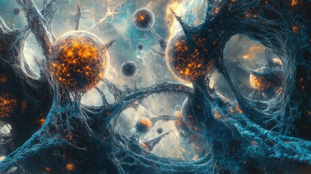 Pulsating synapses and vibrant tendrils create a textured surface depicting an artificial intelligence lifeform in a surreal alien landscape