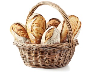 Rustic Basket Overflowing with Fresh Homemade Baguettes and Bread Loaves on White Background