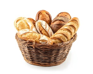 Rustic Wicker Basket Filled with Freshly Baked Artisan Bread Loaves on White Background