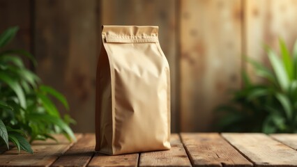 Coffee bag mockup presented on a rustic wooden table, showcasing realistic texture and natural creases. The background features a warm, blurred ambiance with soft lighting to emphasize the product.